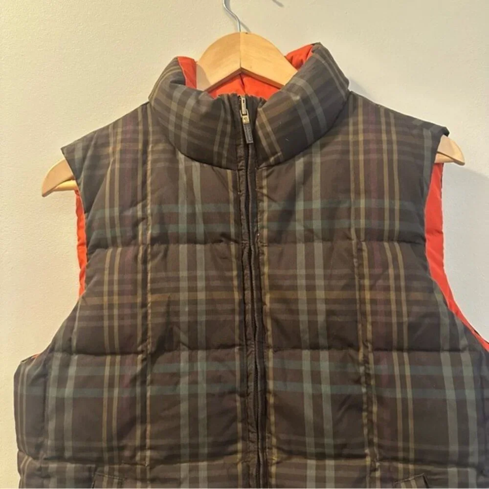 Ralph Lauren Reversible Puffer Vest Jacket Orange Brown Check Medium Cabincore